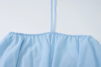 Vestido curto sem mangas com alças finas e cadarço, irregular, de chiffon, plissado, liso, sexy, casual