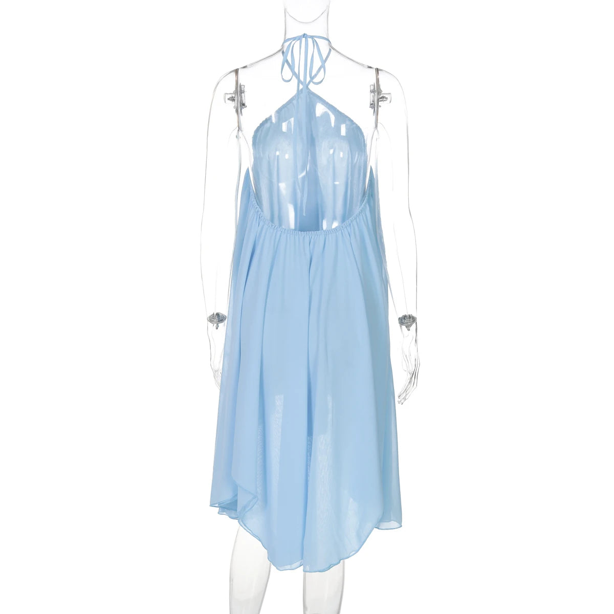 Vestido curto feminino sem mangas e com alças finas nas costas, modelo sexy e elegante para festas, ideal para deslocamentos diários e férias.