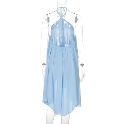 Vestido curto sem mangas com alças finas e cadarço, irregular, de chiffon, plissado, liso, sexy, casual