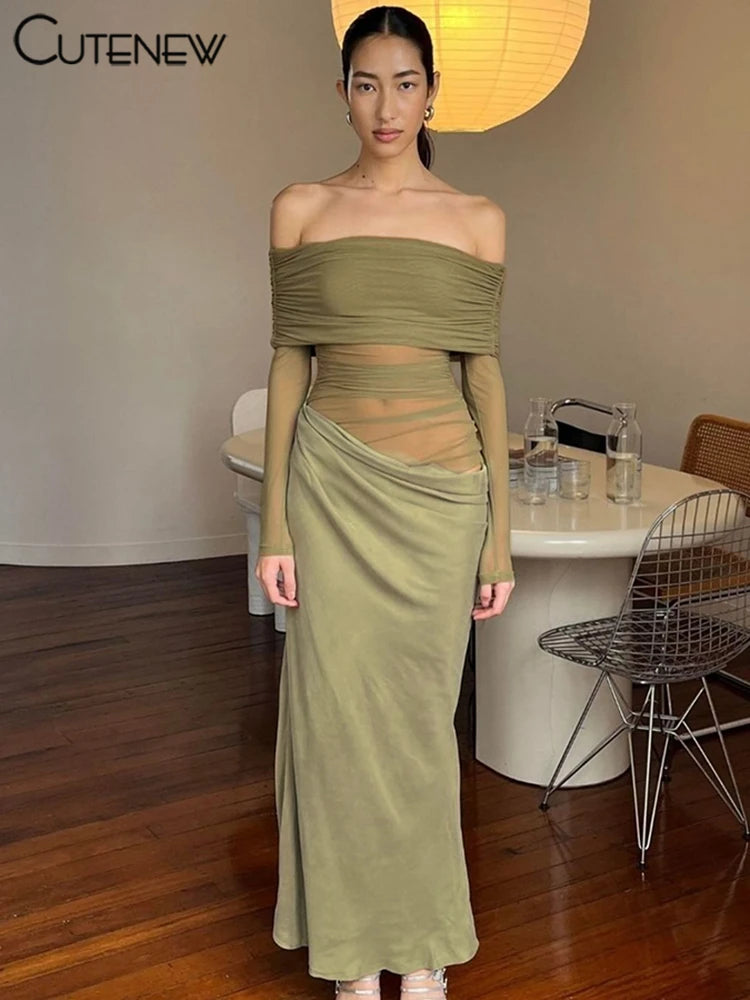 10055# Vestido longo feminino de malha com babados