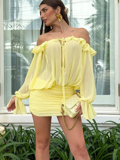 VM80079 Vestido vazado com babados e , transparente decote em V, mangas compridas, praia, festa de fim de ano