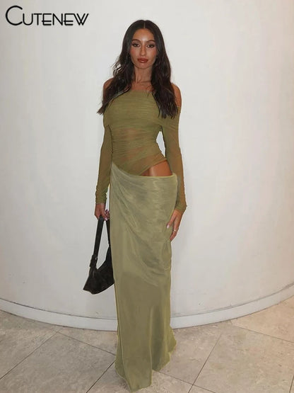 10055# Vestido longo feminino de malha com babados