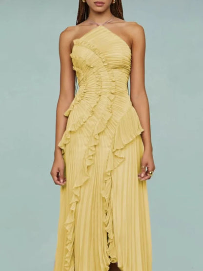 Vestido longo elegante e chique com borda de lótus, corte justo, costas nuas, com cadarço, sem mangas, para festa,