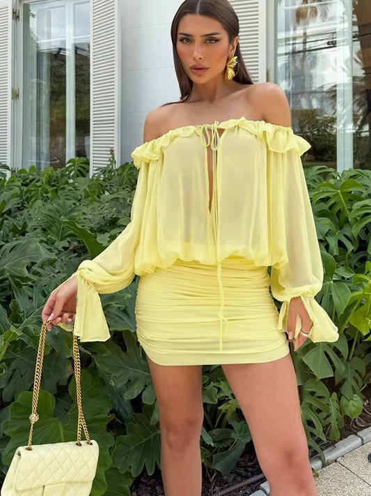 VM80079 Vestido vazado com babados e , transparente decote em V, mangas compridas, praia, festa de fim de ano