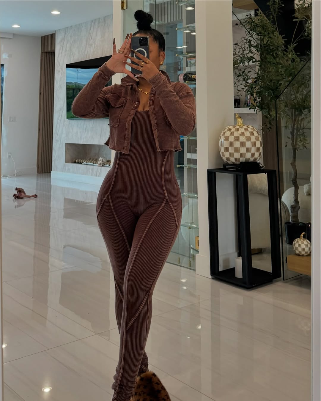 5020# Two Piece Set Long Sleeve Crop Top and Solid Color Jumpsuit
