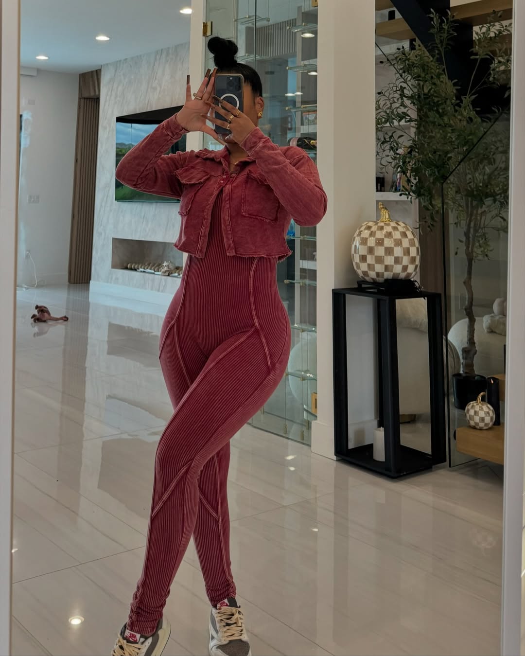 5020# Two Piece Set Long Sleeve Crop Top and Solid Color Jumpsuit