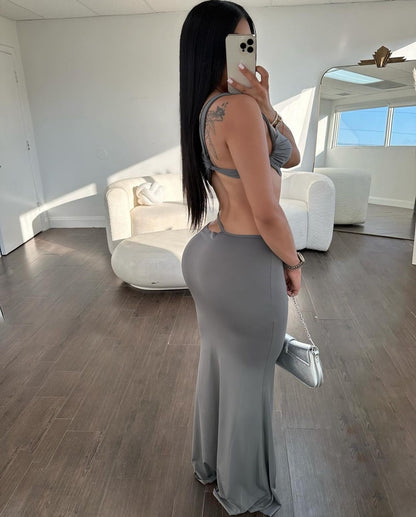 4024# Asymmetrical Neck Crop Top and Mermaid Hem Skirt Set Gray