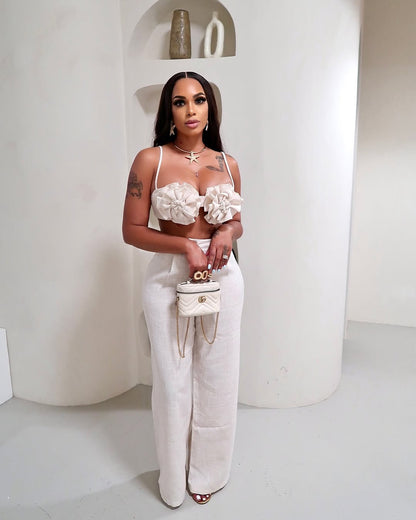 5002# 2 Piece Set: Solid Color 3D Floral Bralette Top &amp; High Waist Wide Leg Pants