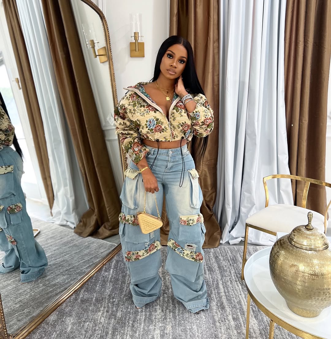 Conjunto de abrigo con estampado de primavera n.° 5040 + pantalones de cintura alta con detalles de primavera