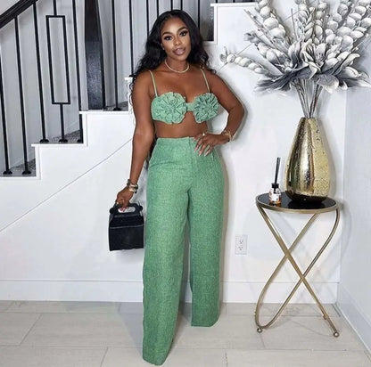 5002# 2 Piece Set: Solid Color 3D Floral Bralette Top &amp; High Waist Wide Leg Pants
