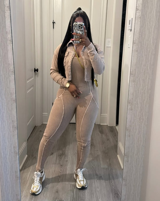 5020# Two Piece Set Long Sleeve Crop Top and Solid Color Jumpsuit